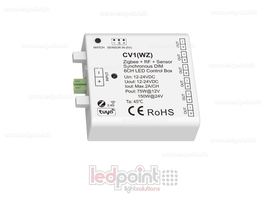 Interface de gradation 6 canaux 75/150W 12V-24V, RF 2.4GHz et ZigBee avec entrée capteur