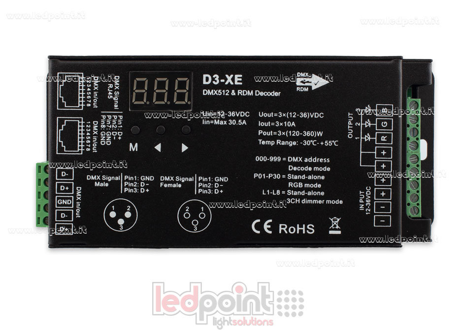DMX 512 & RDM décodeur, 3 canaux 10A chacun, tension 12-36V DC. XLR3, RJ45