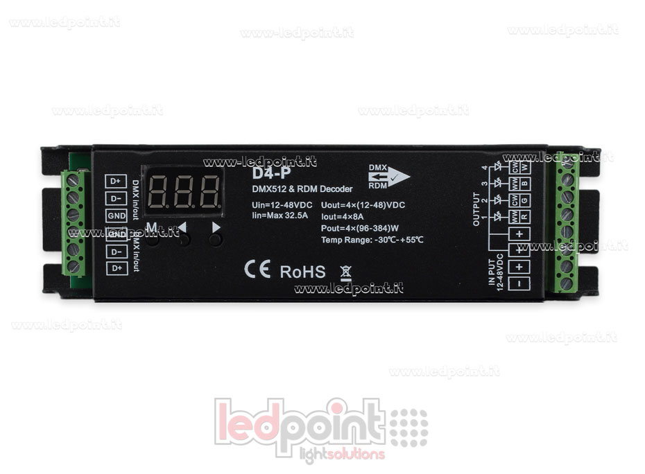 DMX 512 & RDM décodeur, 4 canaux 8A chacun, tension 12-48V DC