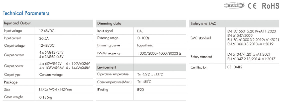 Dimmer DALI, 4 canaux  5A 12-24V / 3A 36-48V DC, (DT6)  tension constante