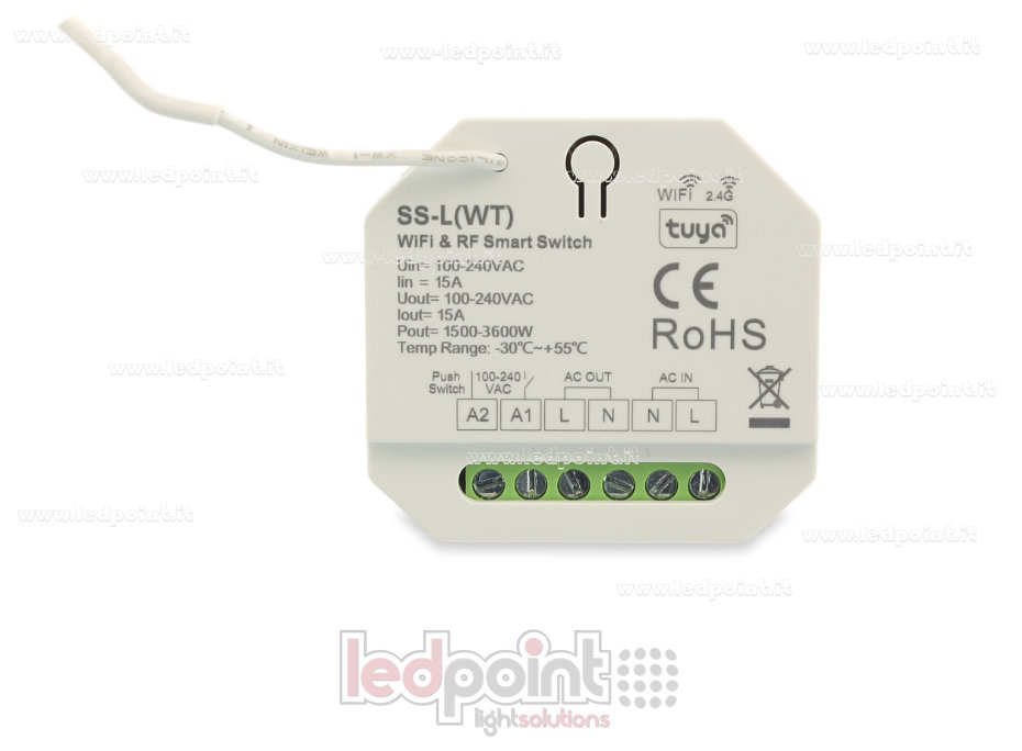 Contrôleur monochromatique 100-240VAC, on/off, non dimmable, 15A, push  switch, WiFi, RF 2.4G, pour boîte murale