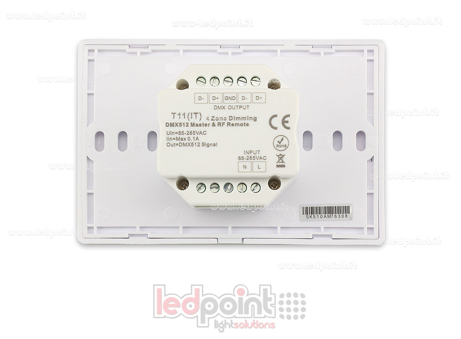 Maître DMX et télécommande monochromatique RF murale, blanche, 4 zones, 120x80mm par boîte 503