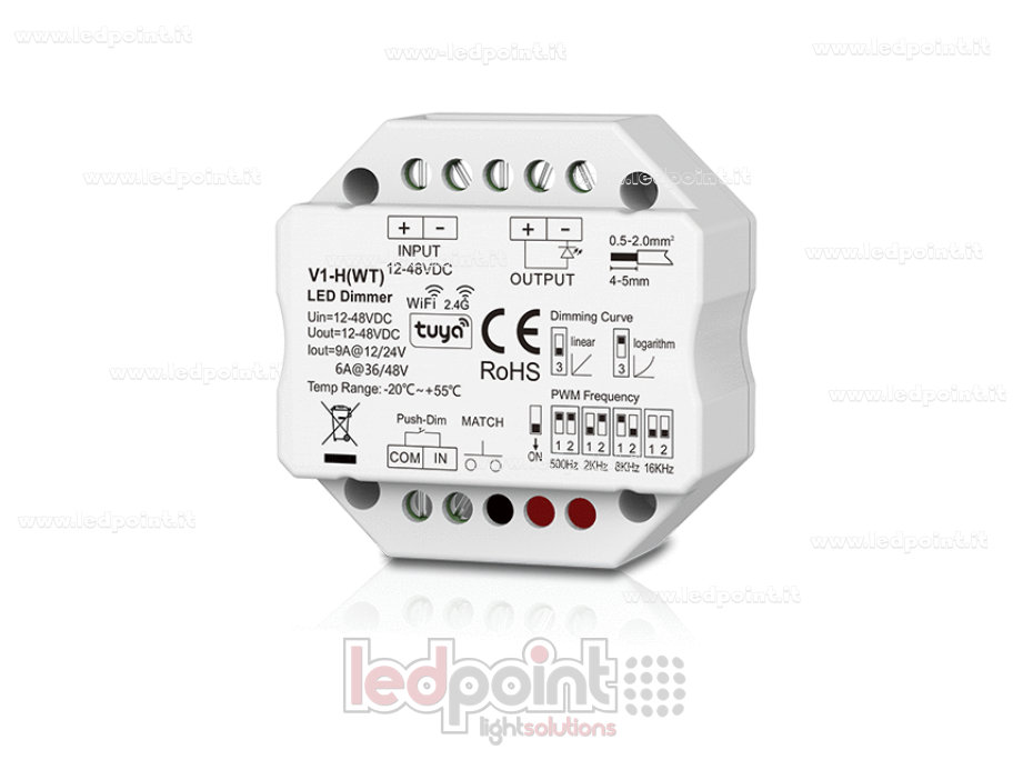 Récepteur variateur WiFi & RF pour boîte de dérivation murale, monochrome avec bouton, 1CH6A/9A, 12-48VDC, RF 2,4G
