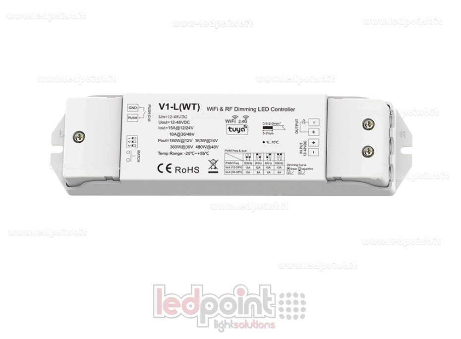 Récepteur variateur monochrome avec bouton-poussoir, Wi-Fi et RF, 1 canal * 15 A 12/24 V ou 1 canal * 10 A 36/48 V RF 2,4 GHz