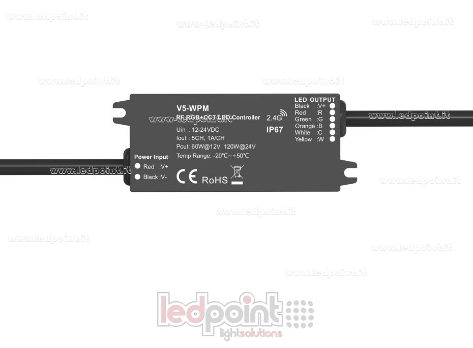 Mini-contrôleur LED RF RGB + CCT, 5 canaux, IP67, 12/24 V CC, 1 A × 5 canaux, RF 2,4 GHz