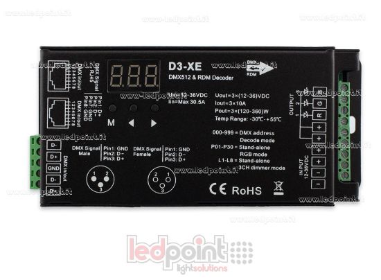 Image de DMX 512 & RDM décodeur, 3 canaux 10A chacun, tension 12-36V DC. XLR3, RJ45