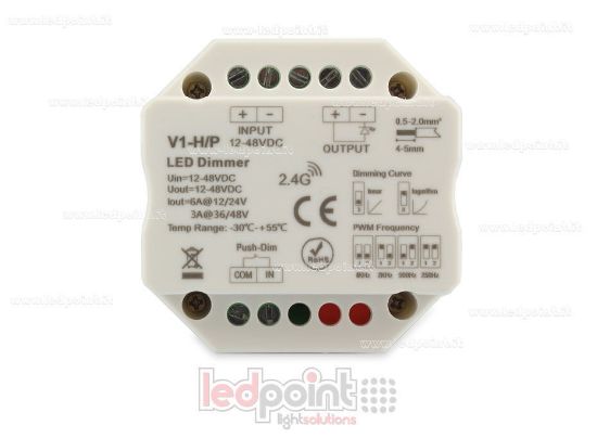 Image de Récepteur variateur pour de boîte de jonction murale, monochrome avec bouton poussoir 1CH * 4A / 8A 12-48VDC, RF 2.4G avec courbe logarithmique ou linéaire et fréquence PWM sélectionnable