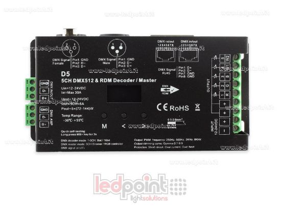 Image de DMX 512 & RDM décodeur, 5 canaux 6A chacun, tension 12-24V DC, XLR3 e RJ45