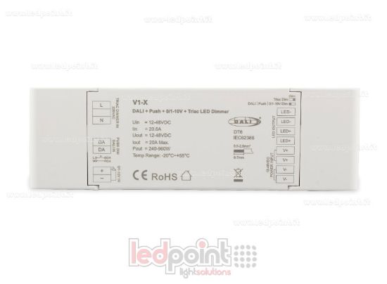 Image de Récepteur variateur monochromatique 4-en-1 avec Push Dim, DALI, 0/1-10V + Triac 1CH*20A 12/48V