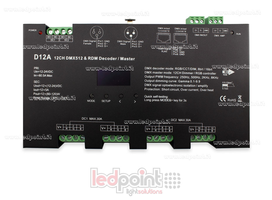 DMX 512 décodeur avec écran oled, 12 canaux 5 A chacun, tension 12-24V DC SK-D12A