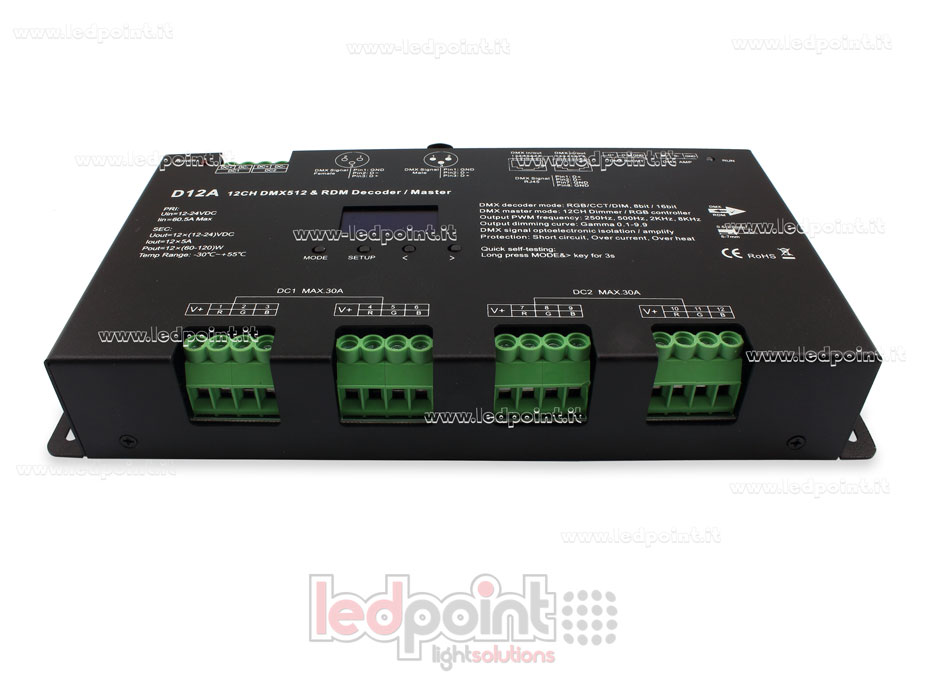 DMX 512 décodeur avec écran oled, 12 canaux 5 A chacun, tension 12-24V DC SK-D12A
