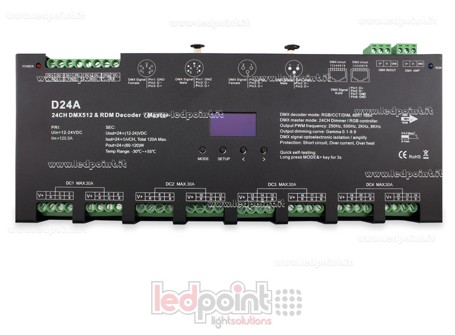 DMX 512 décodeur avec écran oled, 24 canaux 5A chacun, tension 12-12V DC SK-D24A