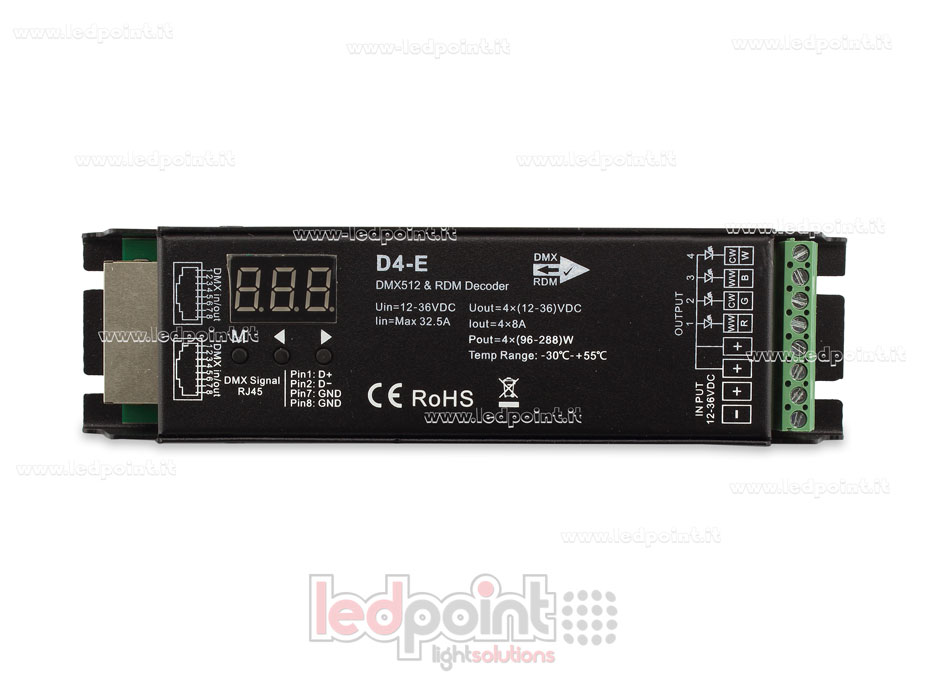 DMX 512 & RDM décodeur, 4 canaux 8A chacun, tension 12-36V DC, port RJ45 SK-D4-E
