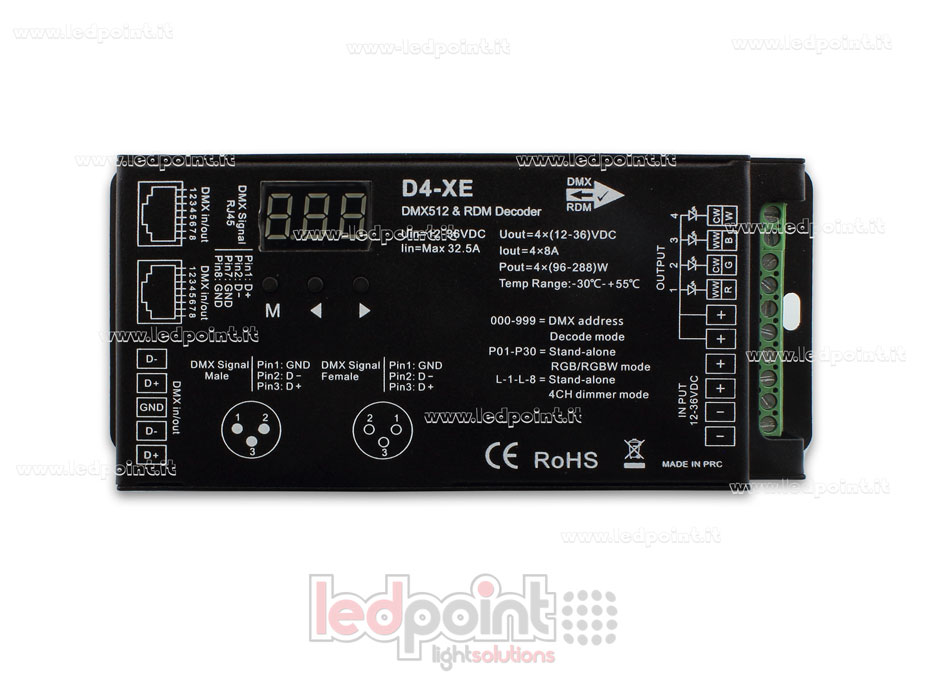 DMX 512 & RDM décodeur, 4 canaux 8A chacun, tension 5-36V DC, XLR3 e RJ45 SK-D4-XE DMX 512 & RDM décodeur, 4 canaux 8A chacun, tension 5-36V DC, XLR3 e RJ45 SK-D4-XE