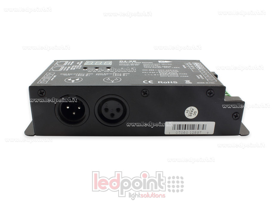 DMX 512 & RDM décodeur, 4 canaux 8A chacun, tension 5-36V DC, XLR3 e RJ45 SK-D4-XE DMX 512 & RDM décodeur, 4 canaux 8A chacun, tension 5-36V DC, XLR3 e RJ45 SK-D4-XE