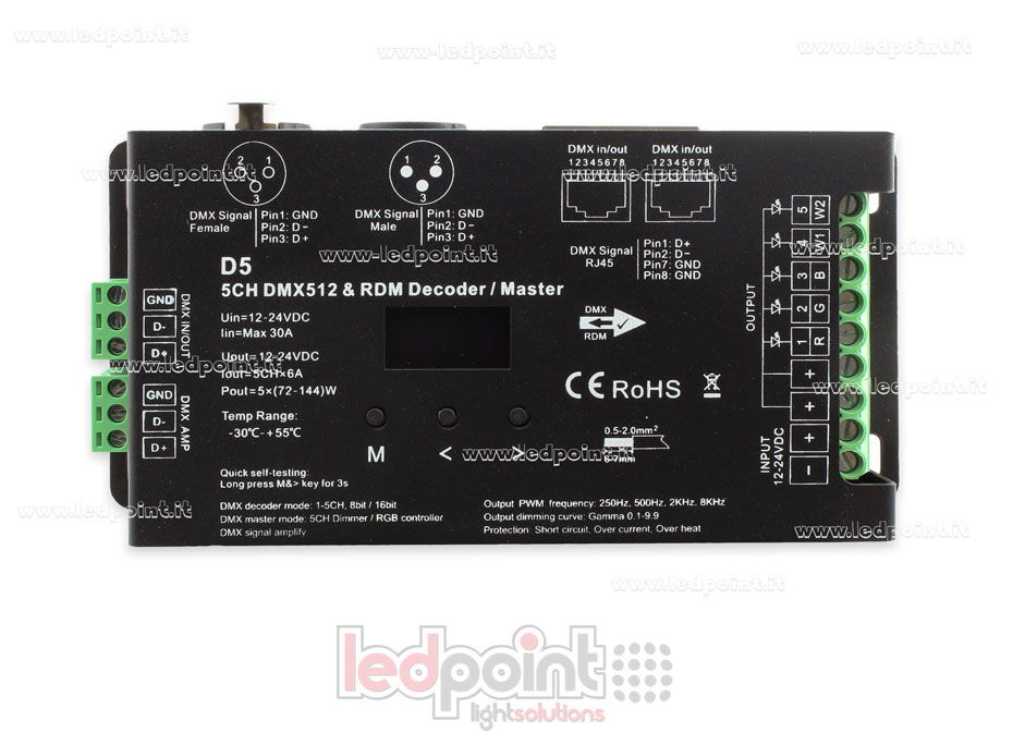 DMX 512 & RDM décodeur, 5 canaux 6A chacun, tension 12-24V DC, XLR3 e RJ45 SK-D5