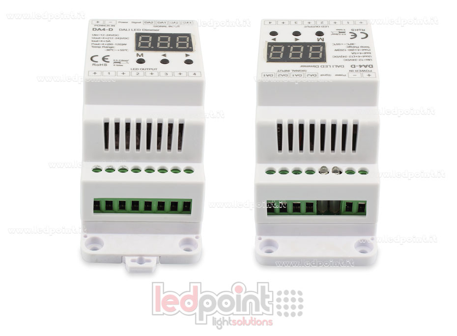 Contrôleur DALI, rail DIN. 4 canaux 5A, 12-24V DC, tension constante (DT6) SK-DA4-D