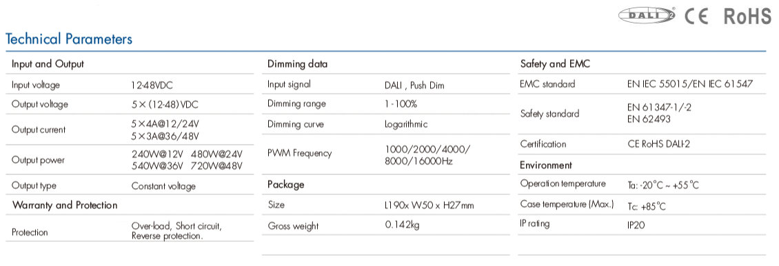 Variateur DALI, 5 canaux 4A 12-24V ou 3A 36-48V DC, tension constante (DT6/DT8) SK-DA5-L