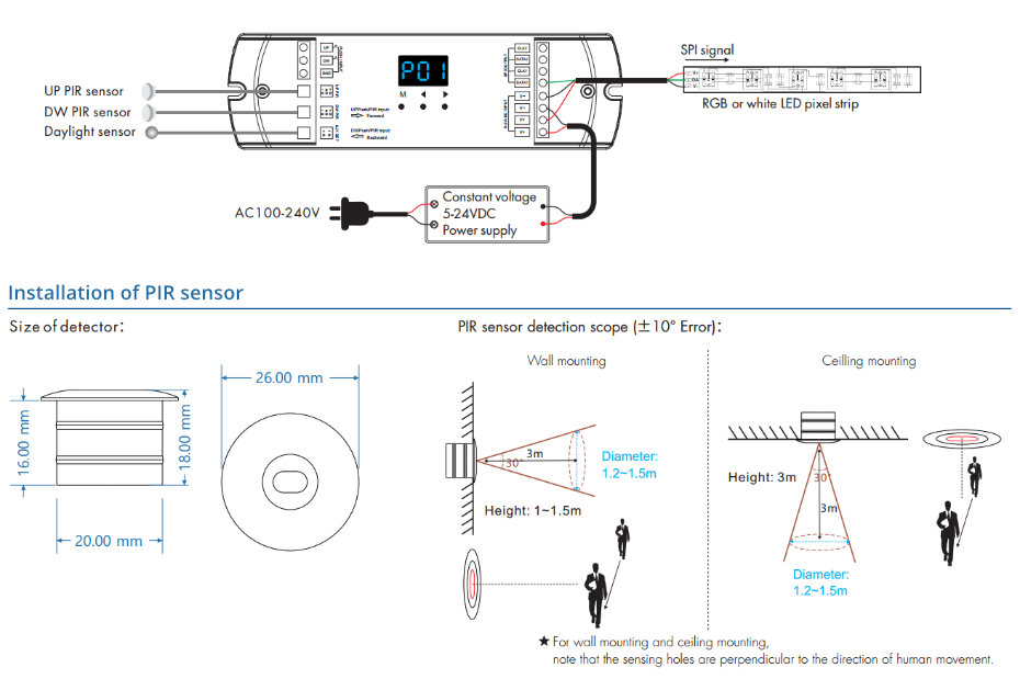 Double capteur PIR + double régulateur SPI à bouton-poussoir 5-24VDC SK-ES-D