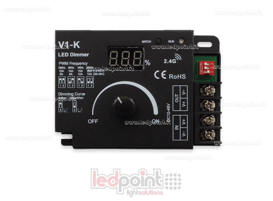 Variateur monochrome 12/48V avec roue, 1CH*20A, avec courbe logarighmique ou linéaire et fréquence PWM sélectionnable. SK-V1-K Variateur monochrome 12/48V avec roue, 1CH*20A, avec courbe logarighmique ou linéaire et fréquence PWM sélectionnable. SK-V1-K