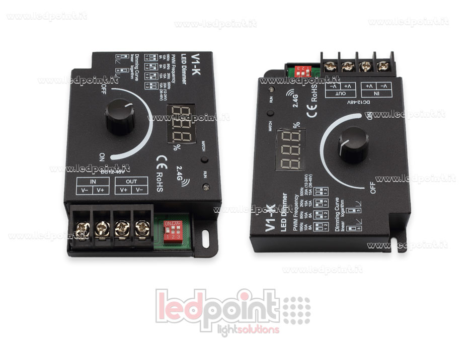 Variateur monochrome 12/48V avec roue, 1CH*20A, avec courbe logarighmique ou linéaire et fréquence PWM sélectionnable. SK-V1-K Variateur monochrome 12/48V avec roue, 1CH*20A, avec courbe logarighmique ou linéaire et fréquence PWM sélectionnable. SK-V1-K