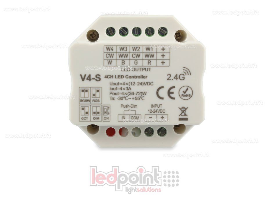 Récepteur variateur RGBW avec bouton/Triac 12/24V, 4ch*3A, RF 2.4G, installation sur boîte murale pour interrupteurs SK-V4-S