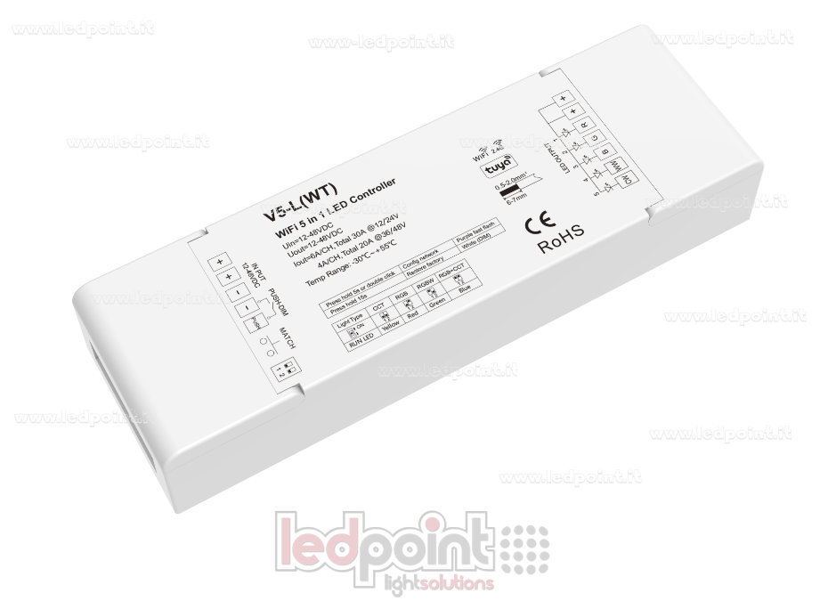 Récepteur contrôleur RGB+CCT 12/24V,5ch*6A or 36/48V, 5ch*4A, RF 2.4G et Wifi SK-V5-L(WT)